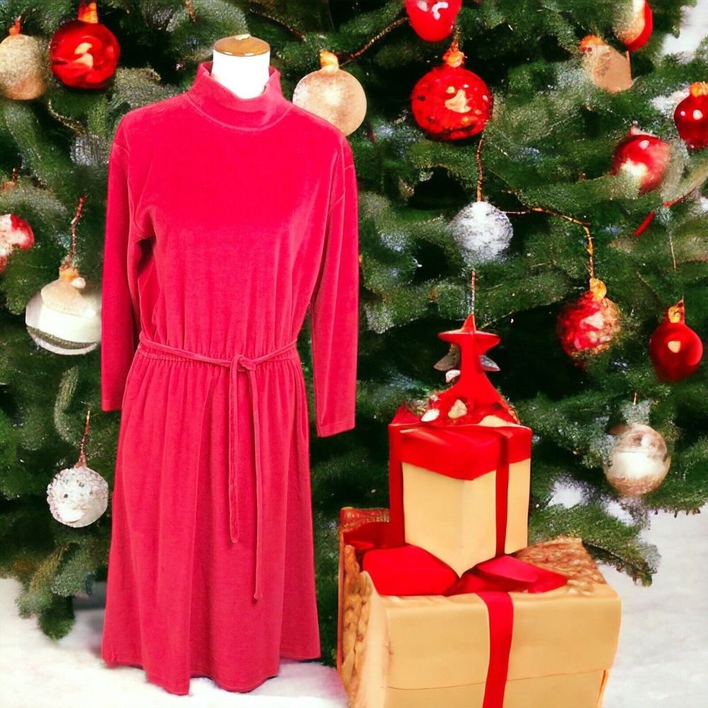 LL Bean Vtg Women’s Sz MP Red Mock Neck Brushed Fabric Elastic Waist Midi Dress